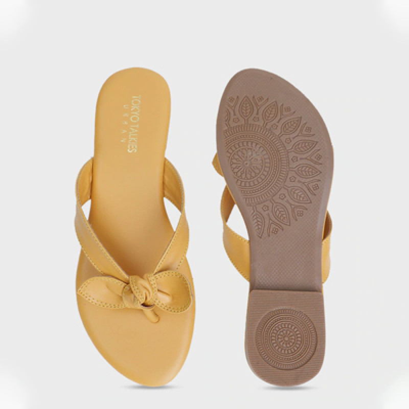 Women Yellow T-Strap Flats with Bows