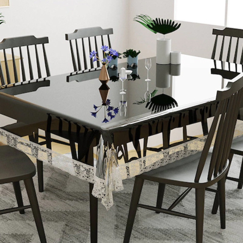 Transparent & Silver Solid 6 Seater Rectangle Dining Table Cover