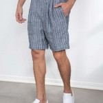 Men Grey Striped Linen Slim Fit Pleated Shorts
