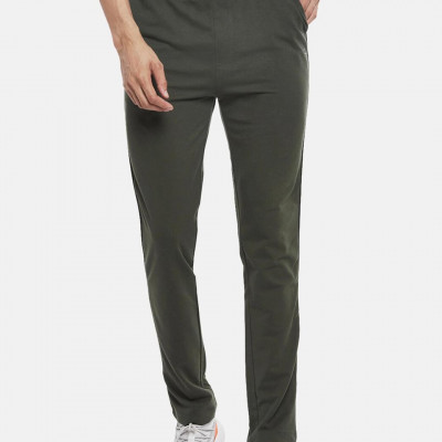 "Men Olive-Green Solid Pure Cotton Slim-Fit Track Pants "
