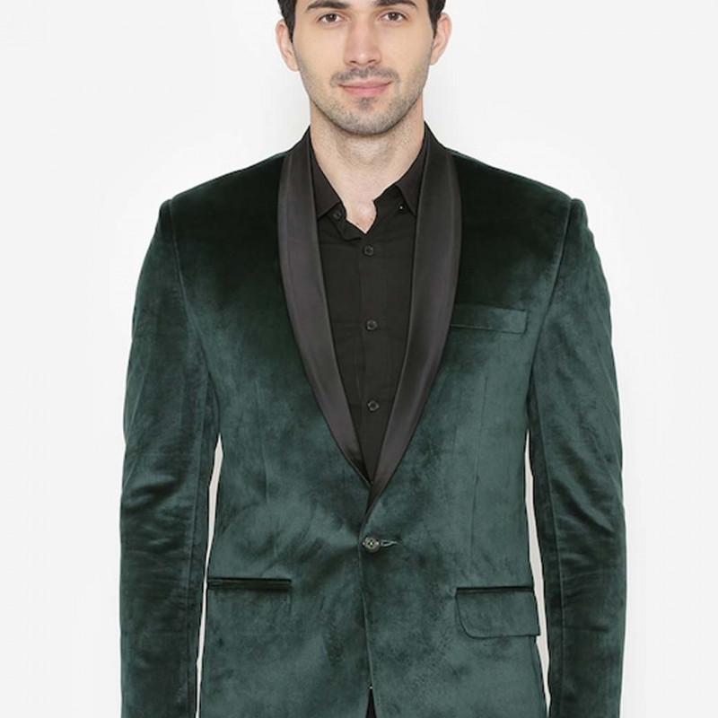 WINTAGE Men Green Solid Single-Breasted Velvet Blazer