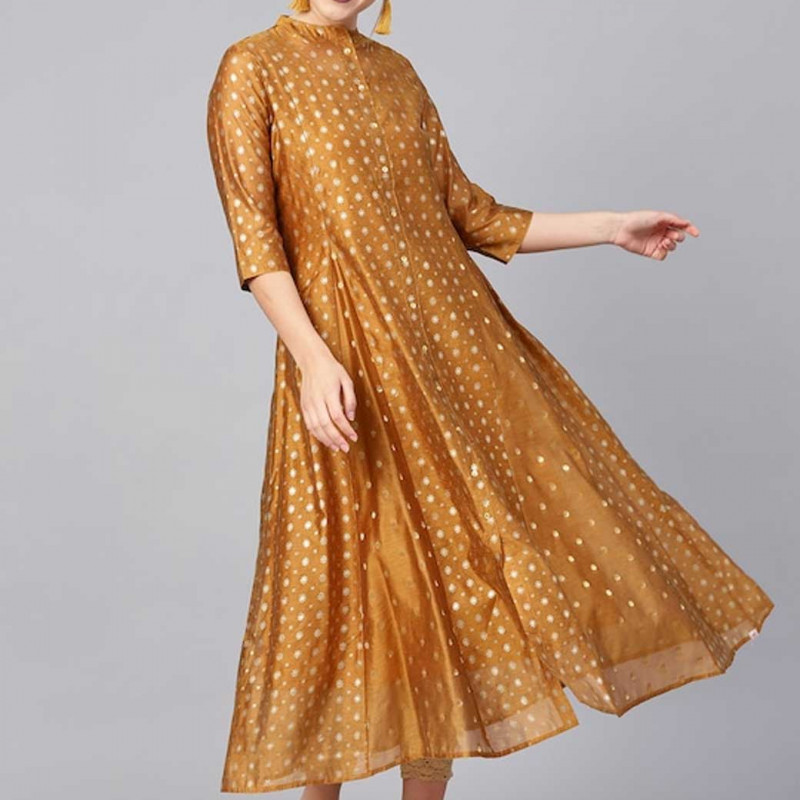 Women Mustard Brown & Golden Printed Anarkali Layered Kurta