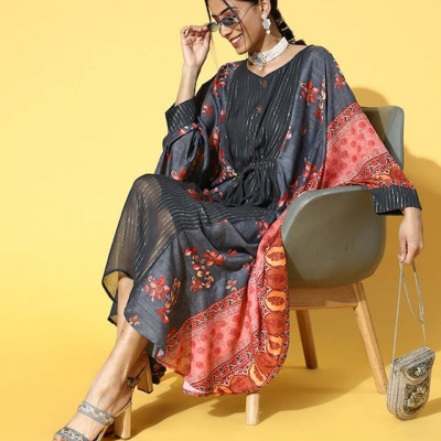 Women Charcoal Muslin Striped & Printed Kaftan Dress