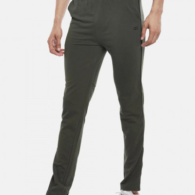 "Men Olive-Green Solid Pure Cotton Slim-Fit Track Pants "
