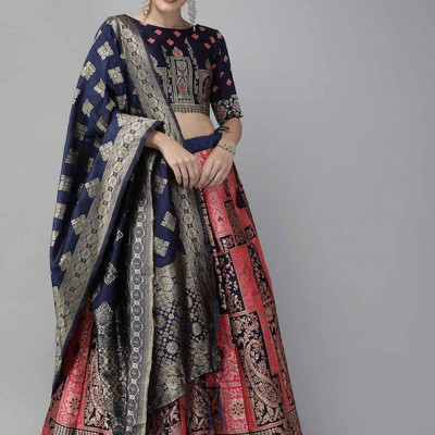 Pink & Navy Blue Woven Design Semi-Stitched Lehenga & Unstitched Blouse with Dupatta
