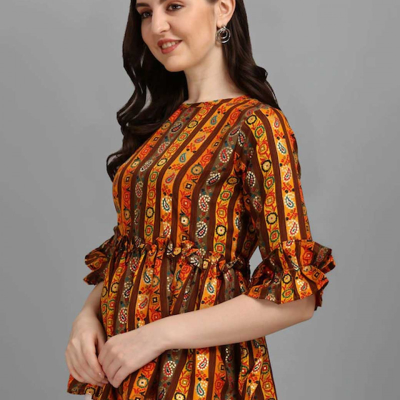 Yellow & Brown Printed Cinched Waist Top