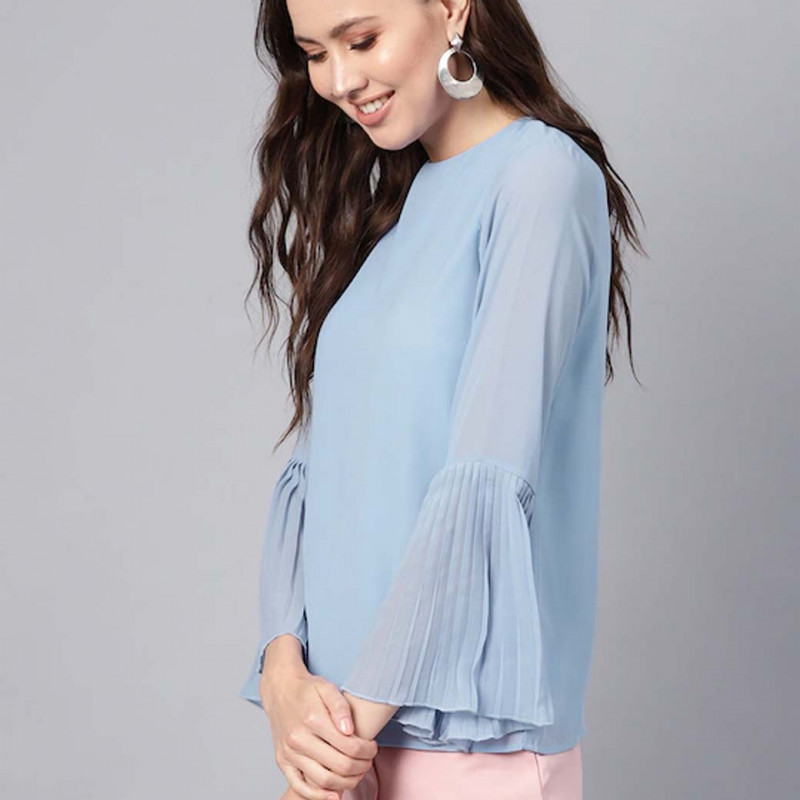 Blue Pleated Top With Frilled Hem