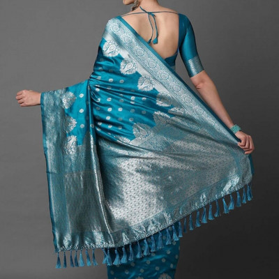 Blue & Silver-Coloured Ethnic Motifs Woven Design Silk Blend Banarasi Saree