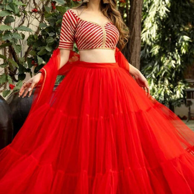 Red & Gold-Toned Embellished Ready to Wear Lehenga & Blouse With Dupatta