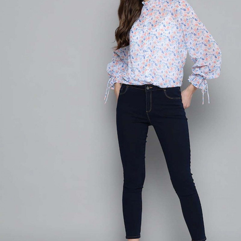 White & Blue Floral Printed Puff Sleeves Shirt Style Top