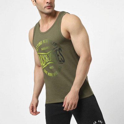 Men Green Printed Cotton Innerwear Gym Vests