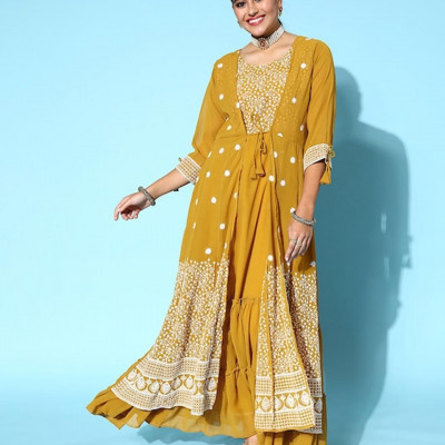 Women Bright Mustard Yellow Georgette Sequins Embroidery Party Wear Gown