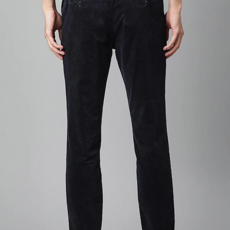 Men Navy Blue Mid Rise Corduroy Trousers